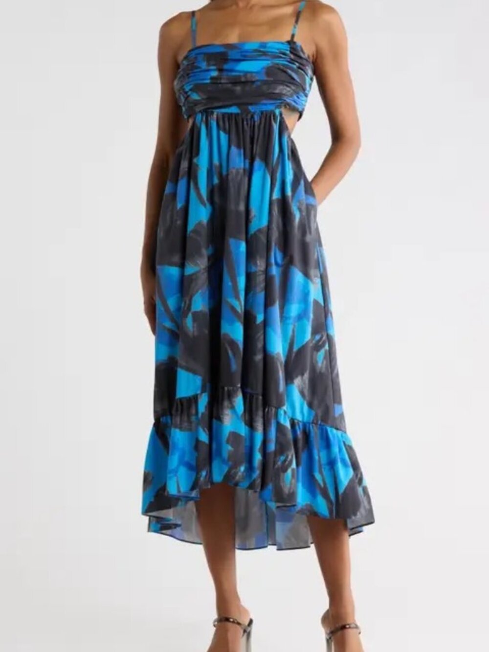 Hutch Mabel Cutout Cotton Maxi Dress. Bold blue floral print on black cotton.